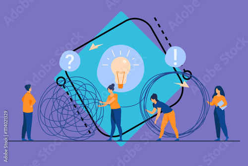 Team of crisis managers solving businessman problems. Employees with lightbulb unraveling tangle. Vector illustration for teamwork, solution, management concept