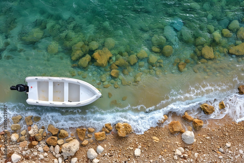 Aerial perspective of serene ocean waves on a sunny beach with golden sand and clear water Aerial perspective of serene ocean waves on a sunny beach with golden sand and clear water