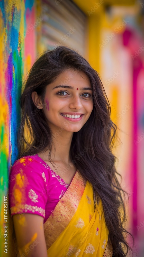 Smiling woman in traditional attire with colorful powder on her face Smiling woman in traditional attire with colorful powder on her face