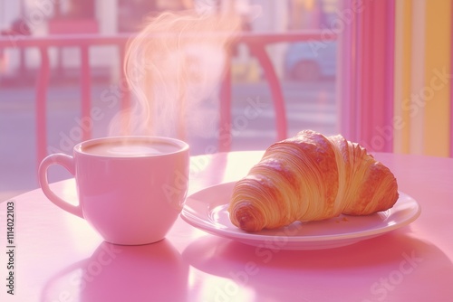 A picturesque caf scene with a steaming coffee cup and croissant on a pink table, perfect for travel-inspired moments.