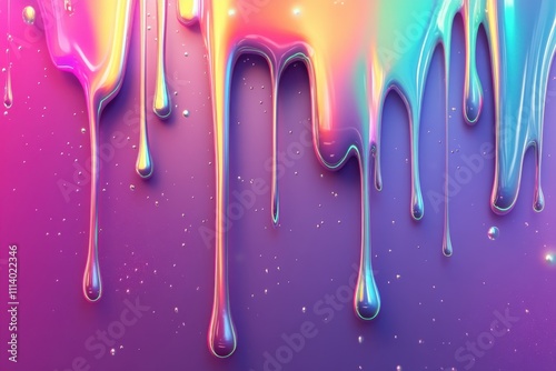 Abstract Iridescent Paint Dripping Down a Purple Background, Viscous Liquid, Colorful Melted Glaze, Glistening and Shiny Texture, Digital Art, Trendy Wallpaper