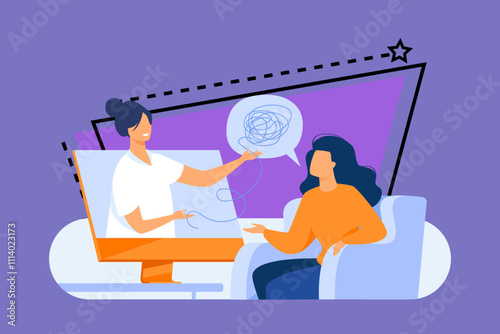 Woman consulting psychologist online. Doctor and patient discussing mental tangled rope, using computer for distance talk. Vector illustration for counseling, therapy, psychology, support concept.