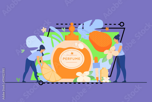 Tiny perfumers creating citrus and flower fresh fragrance, holding blossom and lemon slice near glass flask. Vector illustration for perfumery shop and aroma concept.