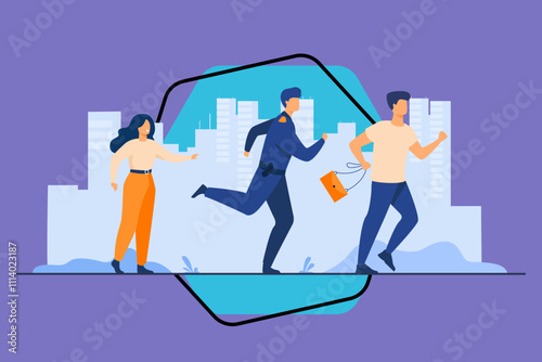 Thief holding stolen bag and running from male cop. Policeman catching criminal for arrest. Vector illustration for police officer job, violation of law, theft concept