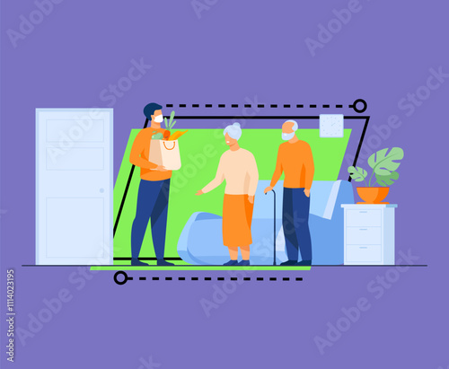 Volunteer delivering food parcels for elderly people isolated flat vector illustration. Cartoon old people meeting courier in protective mask. Delivery service and isolation concept