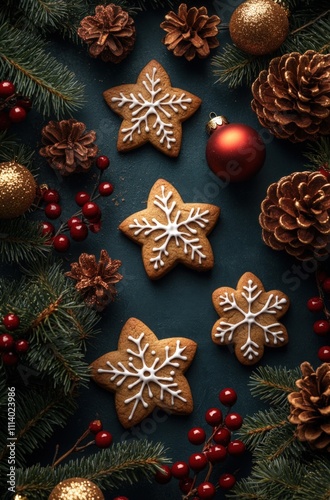 Festive Christmas star-shaped gingerbread cookies arranged with pine cones, berries, and ornaments on a dark background. Perfect for holiday cards and websites.