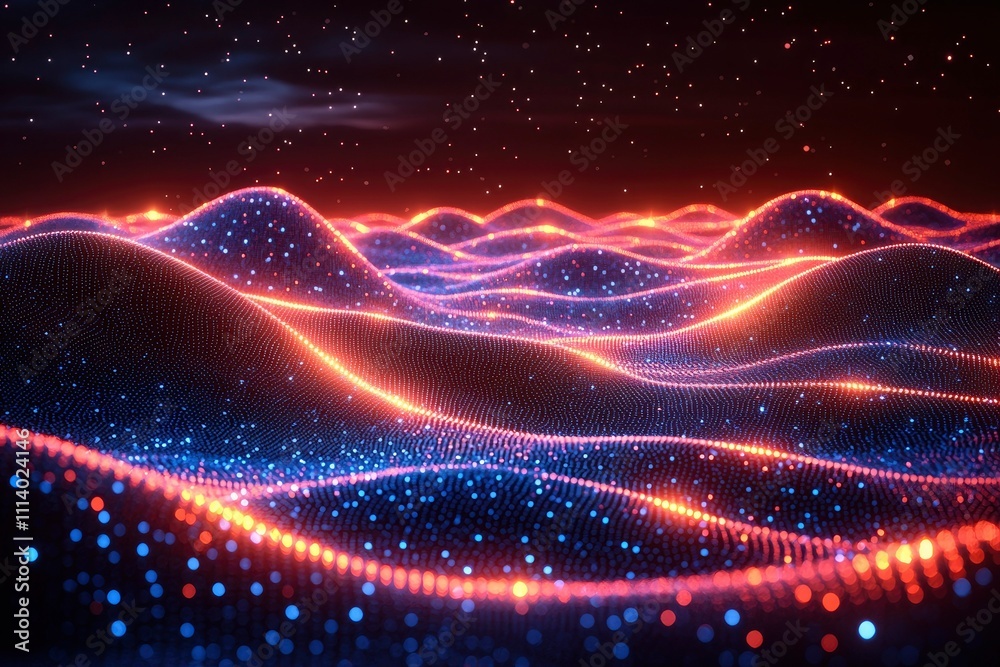 Fototapeta premium Abstract Glowing Particle Wave Landscape at Night