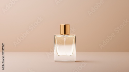 Elegant Glass Perfume Bottle with Gold Cap on Soft Beige Background for Beauty and Fragrance Product Display or Promotional Material Use
