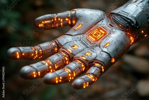 Futuristic Robotic Hand with Glowing Circuits in Nature