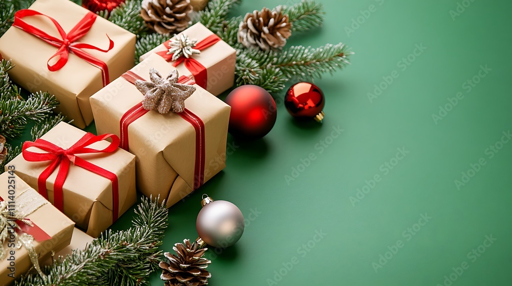 Festive Christmas Gifts Ornaments Green Background Holiday Season Festive Christmas Gifts Ornaments Green Background Holiday Season