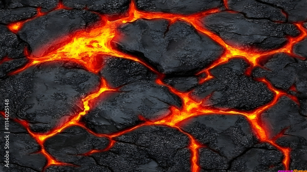 Fiery Molten Lava Flowing Through Cracked Volcanic Rock. A dramatic close-up of glowing magma creating a textured surface. Fiery Molten Lava Flowing Through Cracked Volcanic Rock. A dramatic close-up of glowing magma creating a textured surface.