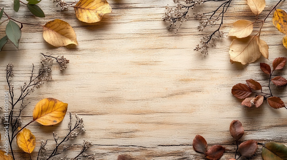 A minimalist rustic wedding invitation design on woodgrain texture, highlighted with natural elements like branches and leaves framing the card A minimalist rustic wedding invitation design on woodgrain texture, highlighted with natural elements like branches and leaves framing the card