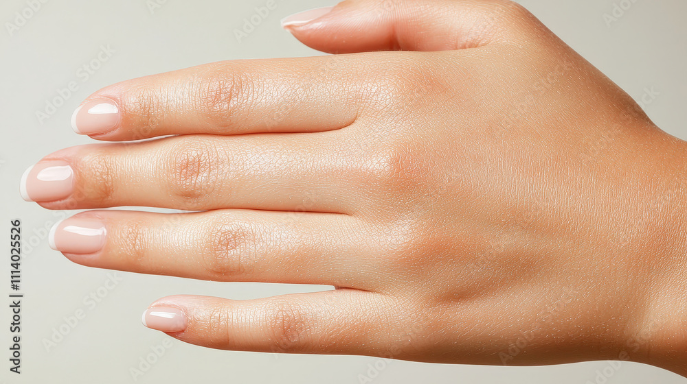 Naklejka premium A hand is shown with neatly manicured nails and smooth skin, emphasizing a natural and clean appearance against a light backdrop