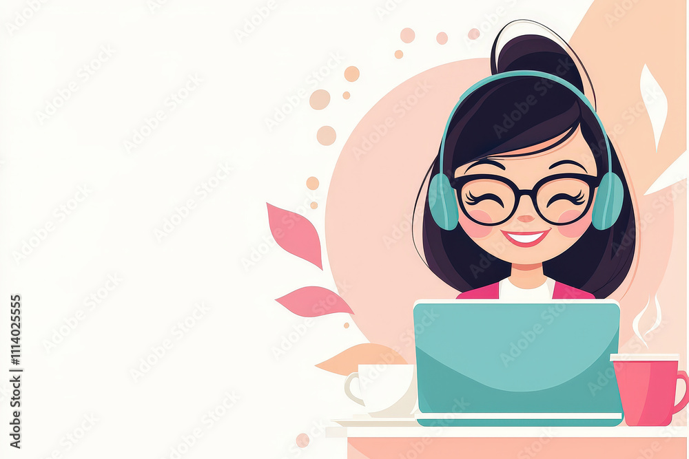 Young woman with glasses wears headphones while enjoying her work on a laptop in a bright, inviting workspace with a cup of coffee