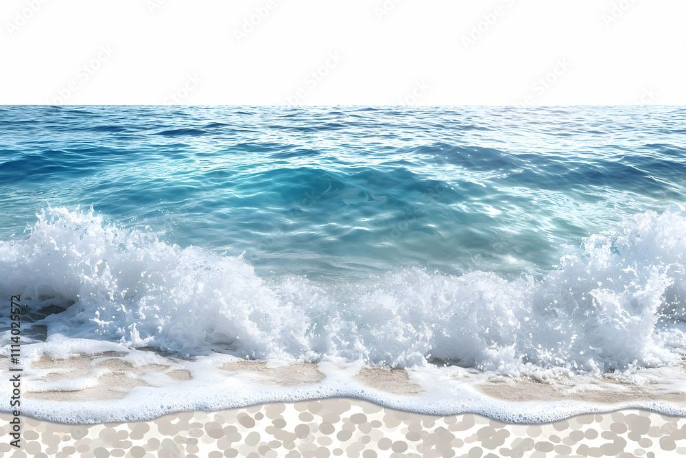 Crystal-clear waves gently lapping a serene beach, shown on a transparent PNG backdrop. Crystal-clear waves gently lapping a serene beach, shown on a transparent PNG backdrop.