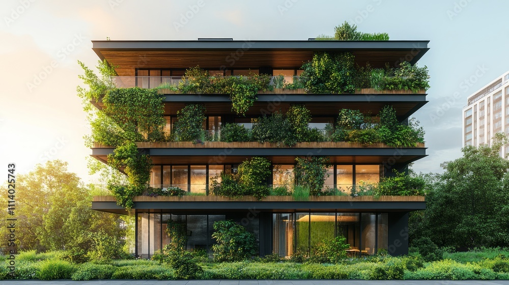 Modern architectural design featuring a green, plant-filled facade and large glass windows. Modern architectural design featuring a green, plant-filled facade and large glass windows.