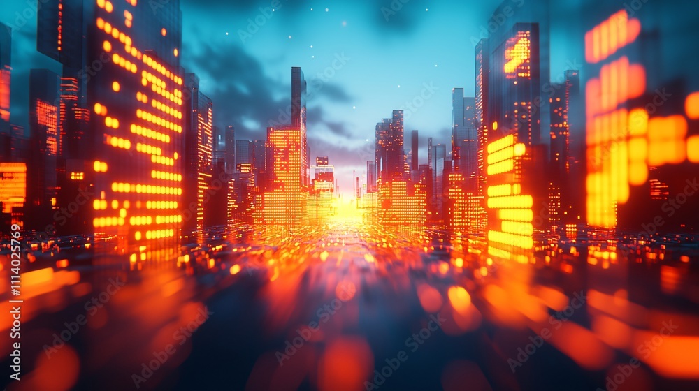 Futuristic skyline in shades of phantom blue at dusk with glowing urban lights Futuristic skyline in shades of phantom blue at dusk with glowing urban lights