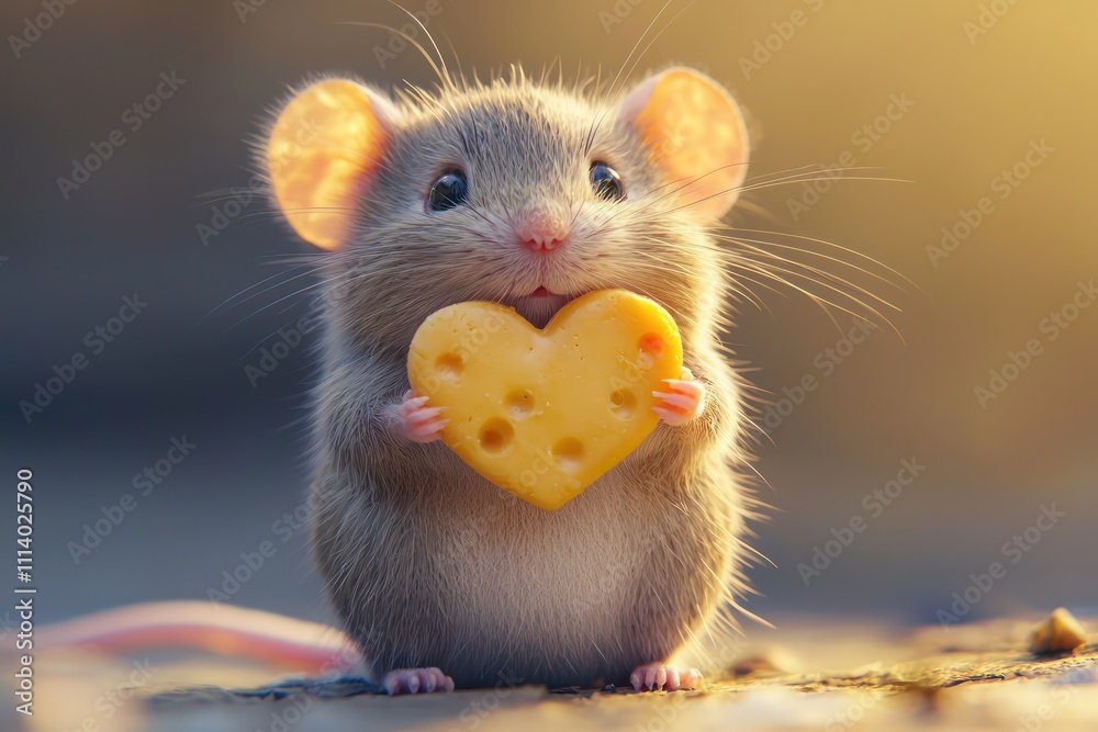 Adorable mouse holding a heart-shaped cheese piece. Generative AI Adorable mouse holding a heart-shaped cheese piece. Generative AI