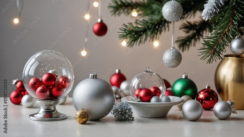 This elegant image captures the spirit of Christmas with a beautiful display of festive ornaments. The combination of white, gold, and silver ornaments, adorned with delicate snowflake patterns. This elegant image captures the spirit of Christmas with a beautiful display of festive ornaments. The combination of white, gold, and silver ornaments, adorned with delicate snowflake patterns.