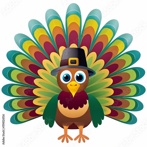 A colorful cartoon turkey with vibrant feathers, proudly wearing a pilgrim hat against a white background photo