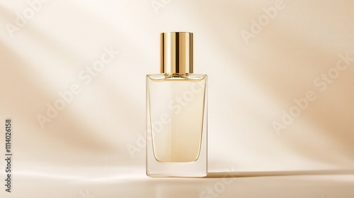 Elegant Glass Perfume Bottle on Soft Golden Background, Showcasing a Minimalist Design and Luxurious Aesthetic for Beauty and Fragrance Themes