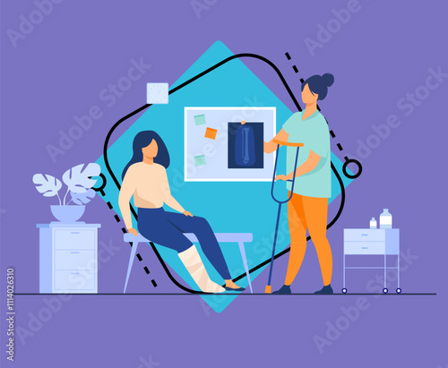 Woman with injured broken leg in plaster cast sitting in doctor office, taking X ray and crutch. Vector illustration for trauma, hospital, treatment, physiotherapy concept