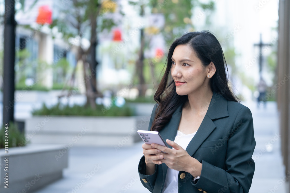 Asian businesswoman engaged on phone urban lifestyle professional context modern environment candid viewpoint business concept Asian businesswoman engaged on phone urban lifestyle professional context modern environment candid viewpoint business concept