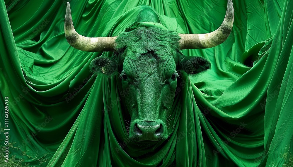 Obraz premium Humorous eid ul adha wallpaper featuring a playful cow head emerging from green sheet design