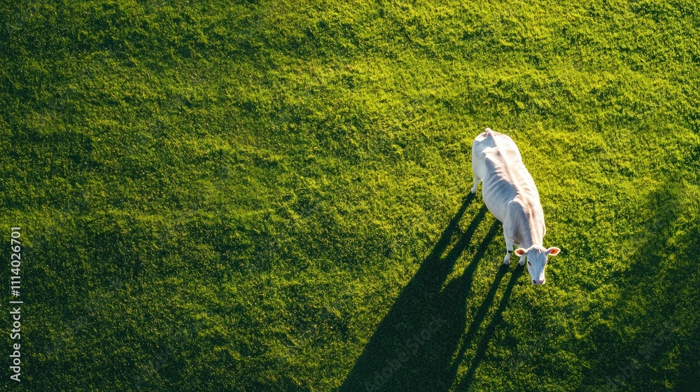 Obraz premium Aerial view of a light-colored cow casting a shadow on a sunlit green pasture, creating a peaceful copy space image.