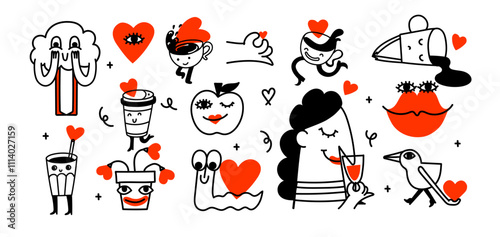 Vector valentine doodle logos design template set and graphic elements for advertising, branding, posters and banners. Funny cartoon illustration with smiling characters and mascots with hearts