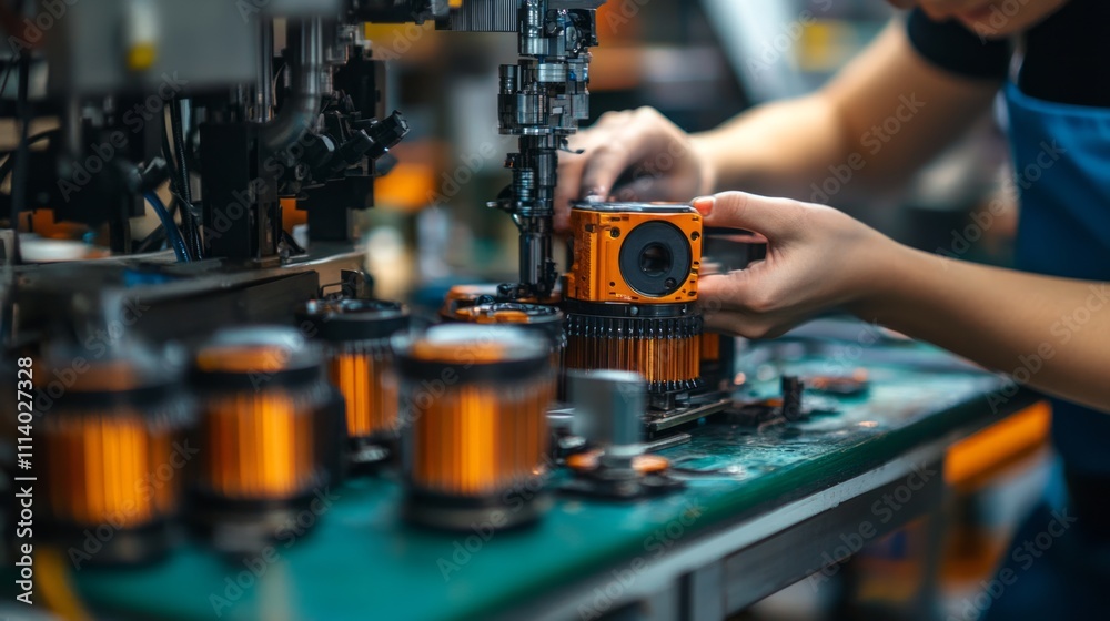 Worker assembling components on a production line in a factory setting. Worker assembling components on a production line in a factory setting.