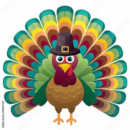 A colorful cartoon turkey with vibrant feathers, proudly wearing a pilgrim hat against a white background photo