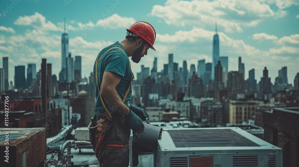 Worker on a rooftop in a city, focusing on HVAC equipment against a skyline backdrop. Worker on a rooftop in a city, focusing on HVAC equipment against a skyline backdrop.