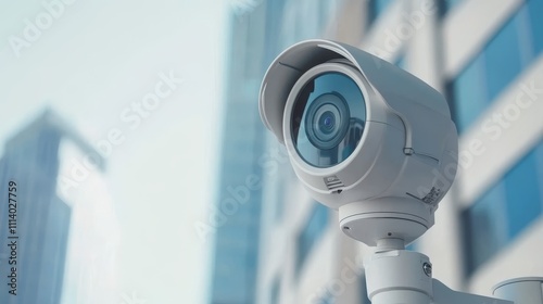 CCTV security camera monitoring a city street with blurry business buildings in the background, symbolizing urban surveillance, safety, and the role of security cameras in modern cities