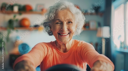 	
Happy mature woman practicing yoga, streting in her living room, promoting healthy lifestyle and wellness in old age	
 photo