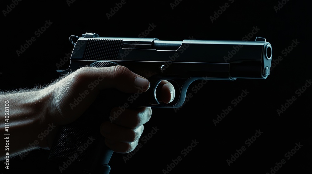 Close-up of a pistol pointed at the camera in a dark setting, held by a hand. Dangerous criminal with a firearm, representing a threat of attack or defense, with a focus on the weapon's details Close-up of a pistol pointed at the camera in a dark setting, held by a hand. Dangerous criminal with a firearm, representing a threat of attack or defense, with a focus on the weapon's details