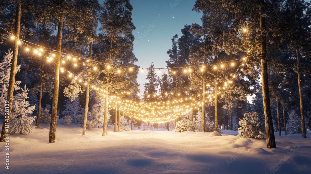 Magical Winter Forest Pathway with Twinkling String Lights Magical Winter Forest Pathway with Twinkling String Lights