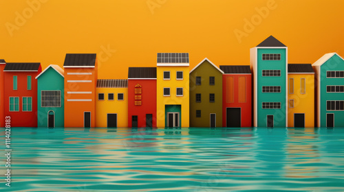 Urban city wireframe emphasizing energy-efficient zones, Colorful miniature houses reflect above serene waters under a warm orange sky, showcasing vibrant architecture and playful design.
