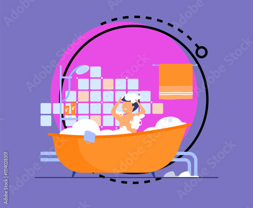 Man having shower or bath, sitting in bathtub with foam, washing hair. Vector illustration for bathroom, body hygiene, relax, morning concept