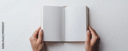 An A5 open book mockup held in hands, showcasing a blank page for design, isolated against a white background.