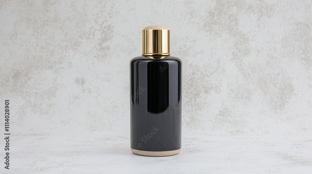 Elegant Black Bottle with Gold Cap on a Textured Background for Cosmetic or Perfume Presentation, Ideal for Product Display and Promotional Use Elegant Black Bottle with Gold Cap on a Textured Background for Cosmetic or Perfume Presentation, Ideal for Product Display and Promotional Use