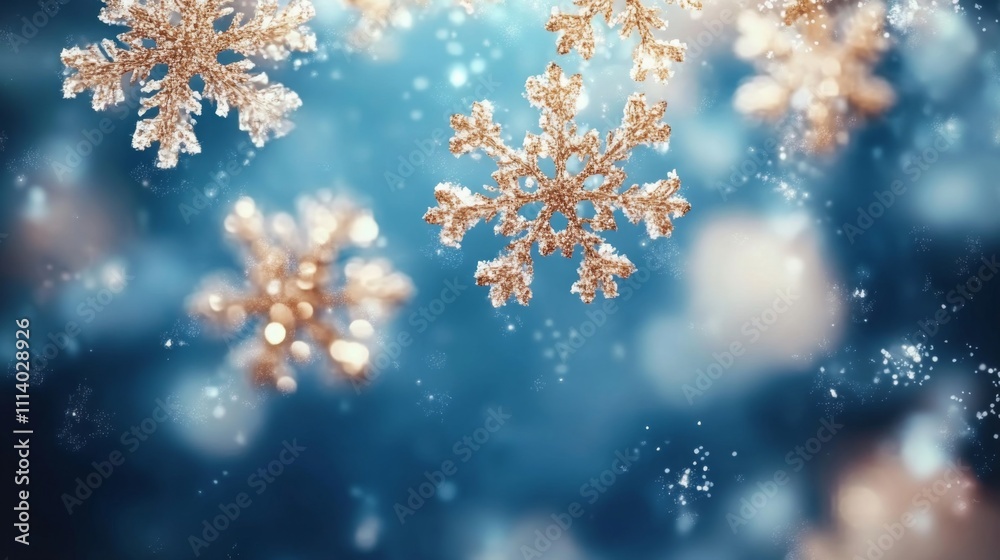 Elegant Golden Snowflakes on Blue Background with Glittering Particles and Delicate Light Effects, Perfect for Joyful New Year's Day Celebration, Silver-Grey and Gold Color Scheme, Festive Atmosphere Elegant Golden Snowflakes on Blue Background with Glittering Particles and Delicate Light Effects, Perfect for Joyful New Year's Day Celebration, Silver-Grey and Gold Color Scheme, Festive Atmosphere