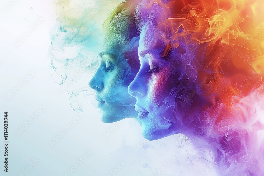 Fototapeta premium Colorful silhouettes of women in soft palette with distinctive noses and layered collage style