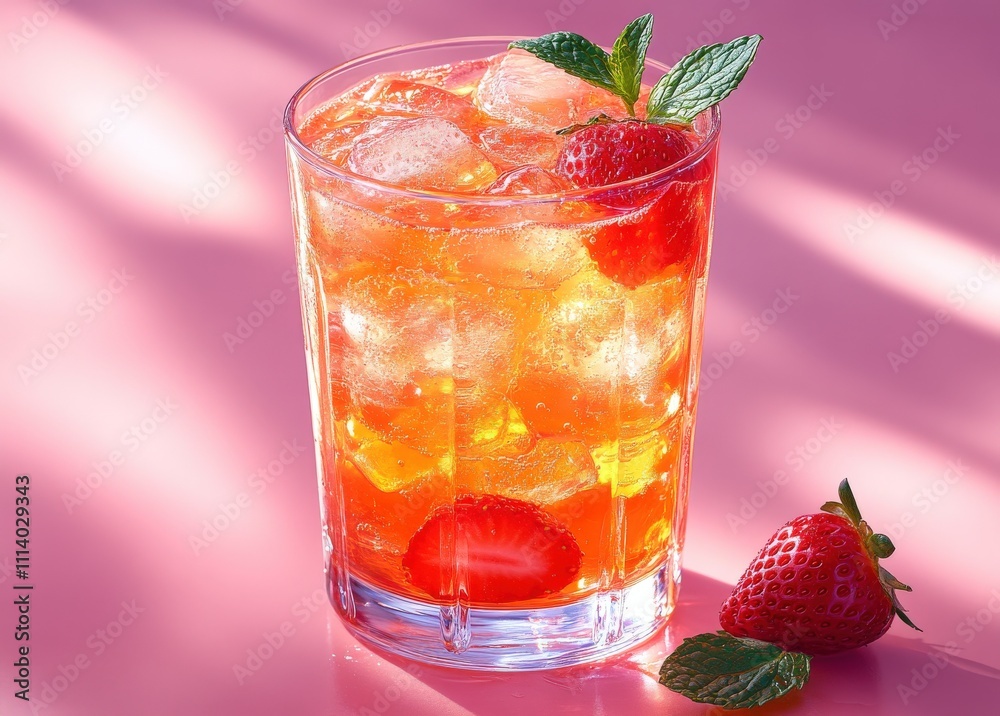 Refreshing strawberry iced tea in a tall glass, garnished with mint and strawberries. Perfect for summer. Refreshing strawberry iced tea in a tall glass, garnished with mint and strawberries. Perfect for summer.