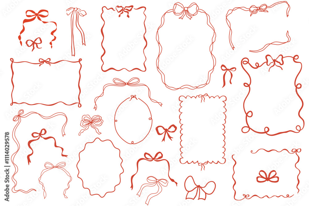 Red whimsical bow knots frames set. Doodle hand drawn vintage bows, ribbon borders collection for birthday card, wedding invitation, squiggly, wavy borders. Minimal line art, cute vector elements.