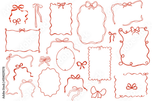 Red whimsical bow knots frames set. Doodle hand drawn vintage bows, ribbon borders collection for birthday card, wedding invitation, squiggly, wavy borders. Minimal line art, cute vector elements.