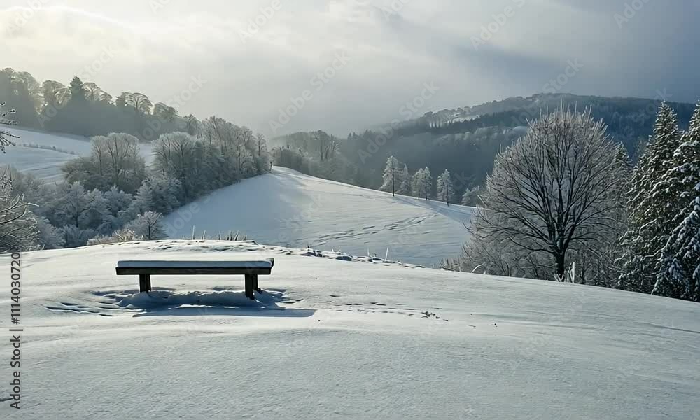 Serene Winter Landscape with Snow-Covered Hills and Bench