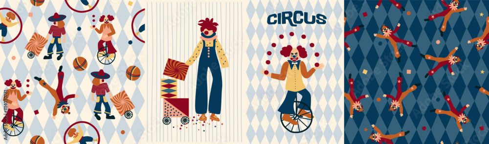 Fototapeta premium Set of cliparts and seamless pattern. Colorful circus background, funny clowns, jugglers, acrobats, cheerful carnival with balloons and confetti, hand drawn