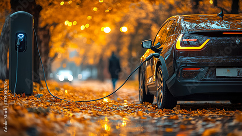 Electric vehicle charging under autumn trees with golden leaves during a quiet evening. Generative AI