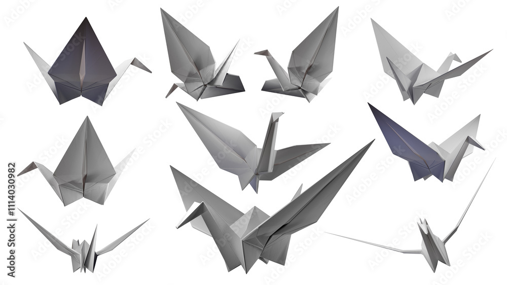 Set of Origami Paper Cranes. 3D render on a transparent background.Many different angles of view. High quality PNG with alpha channel.